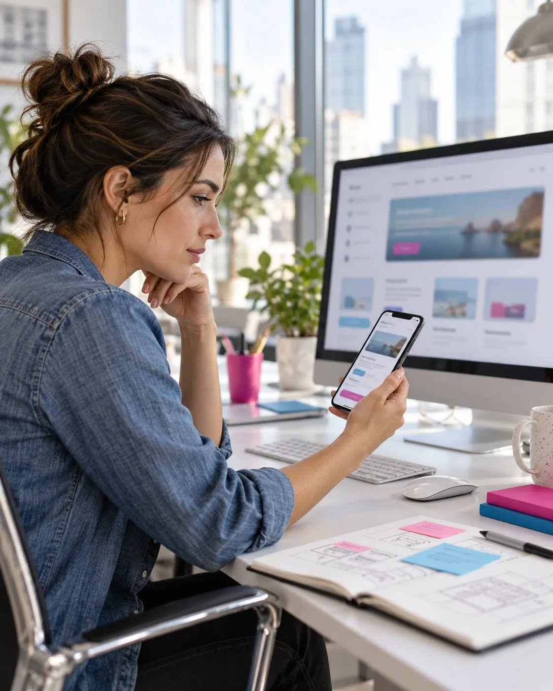 A designer comparing a website on a monitor with the same page on a phone