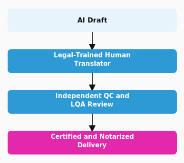 The four-checkpoint workflow behind a defensible legal translation, from AI draft to certified delivery.