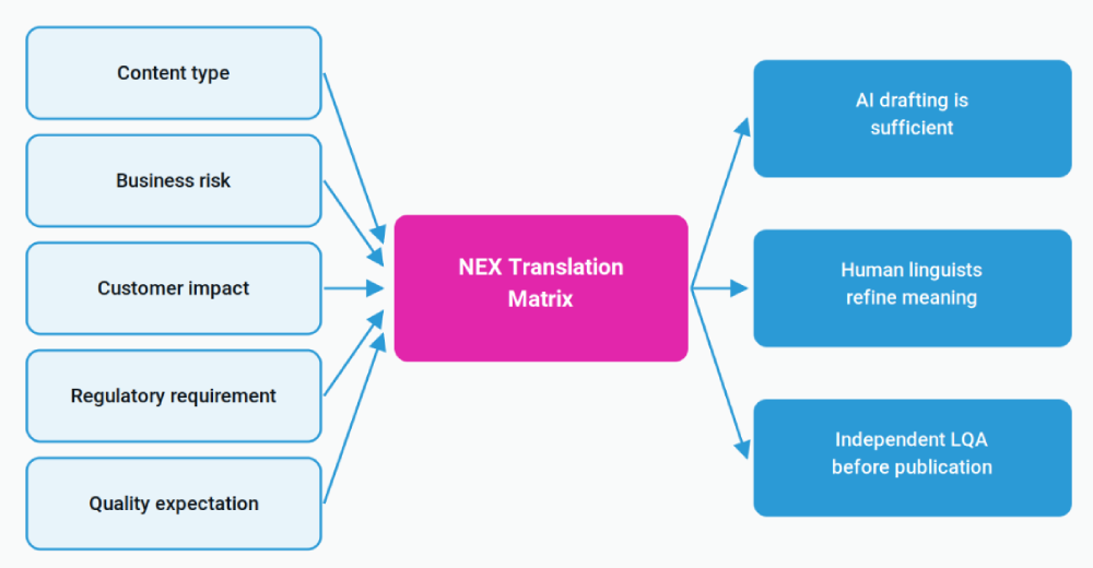 The NEX Translation Matrix routes content, not projects. One release normally produces all three outcomes at once.